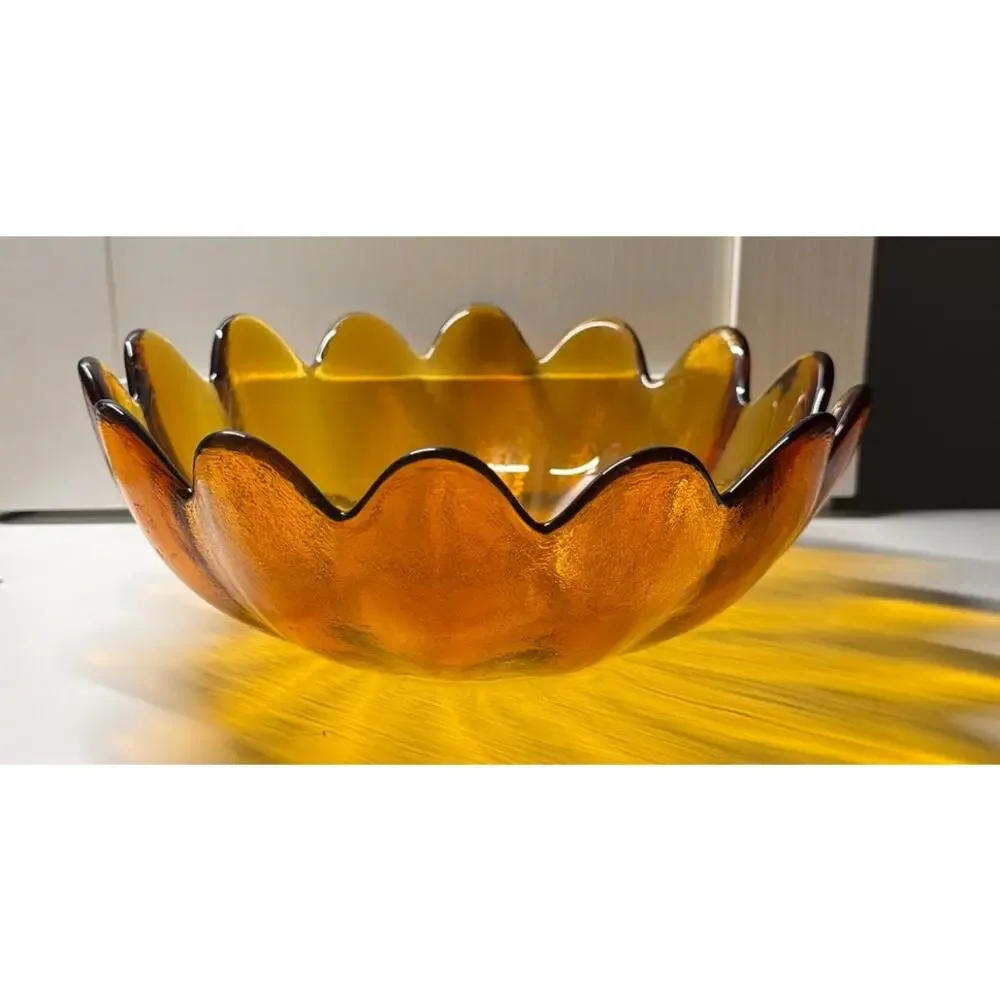 Vintage Blenko Mid-Century Handblown Amber Glass Lotus Petal Centerpiece Bowl